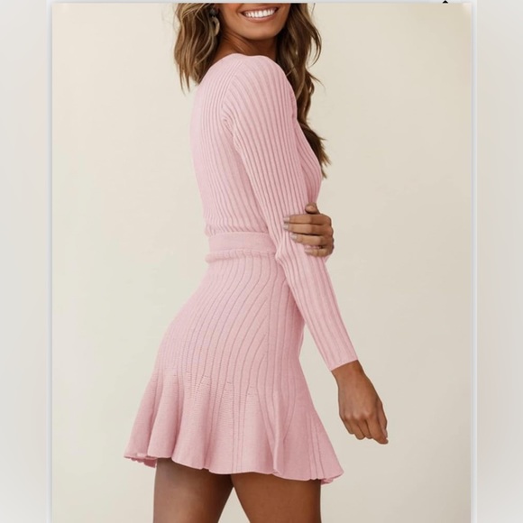 New Pink Faux Wrap V-neck Belted Ribbed Mini Long Sleeve Sweater Dress - Picture 5 of 9